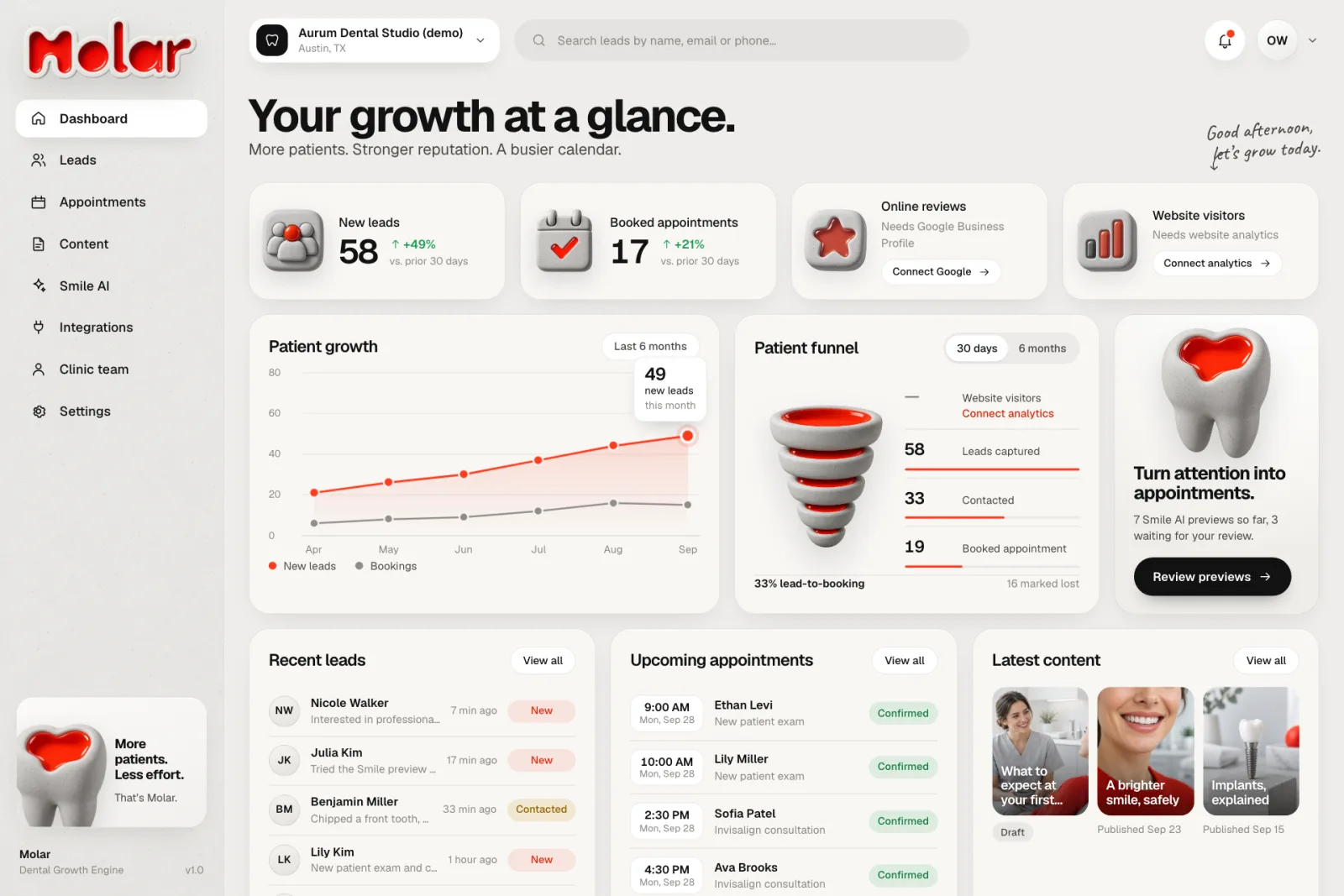The Molar client dashboard with patient growth, a patient funnel, recent leads and upcoming appointments